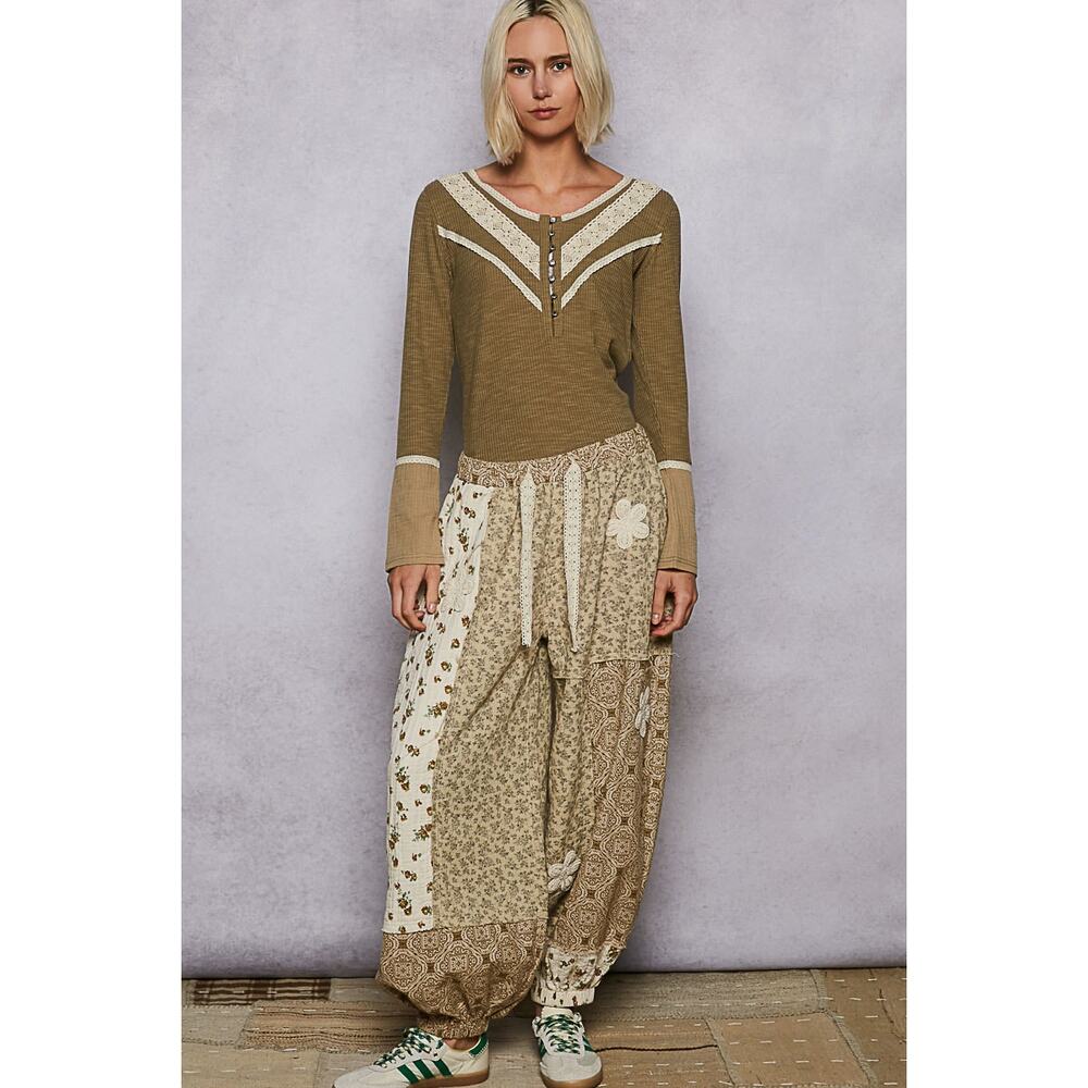 POL Half Button Lace Detail Long Sleeves Crew Neck Casual Rib Knit Top | Olive - Picture 6 of 6